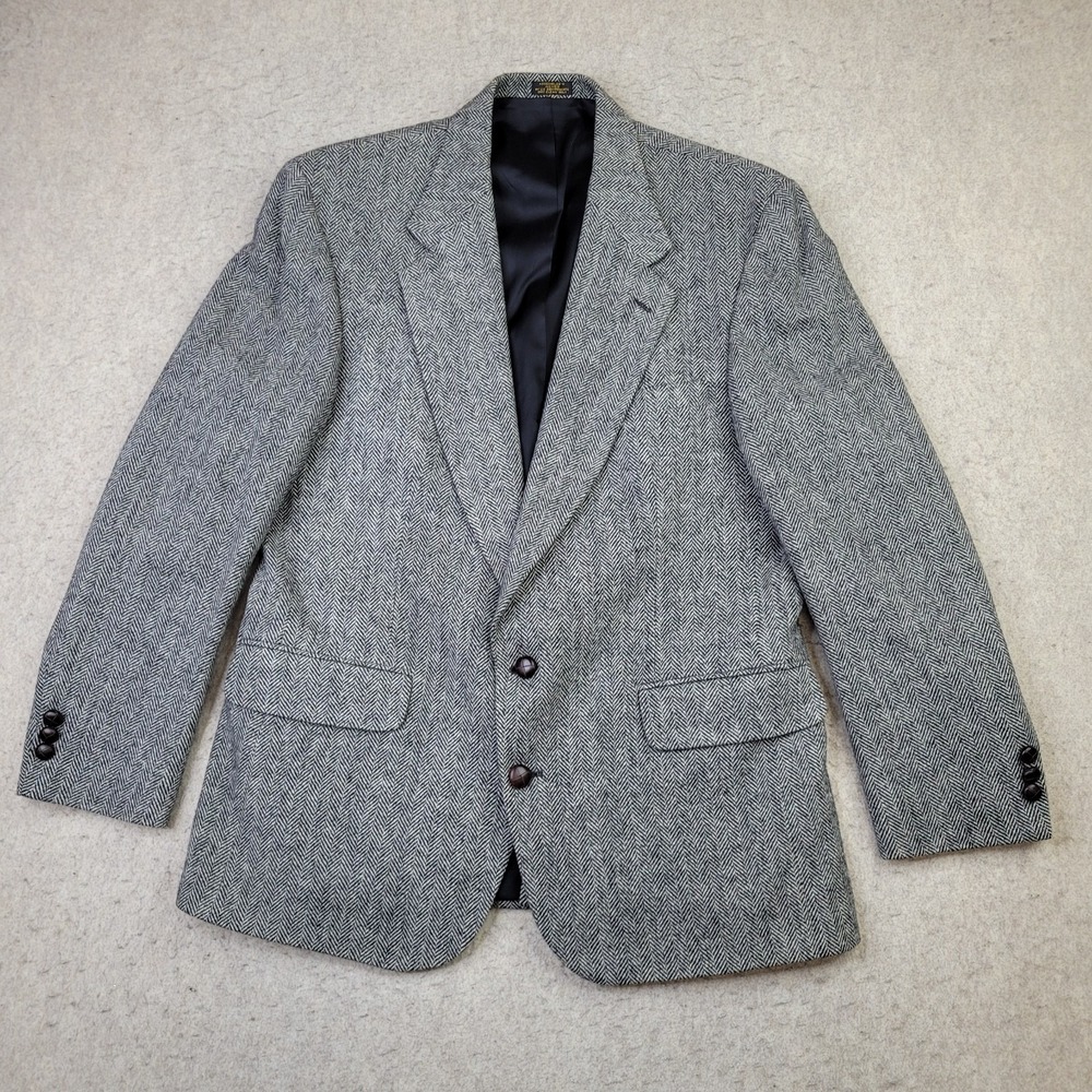 VINTAGE Deansgate Tweed Herringbone Wool Blazer Gray 43 R Two Button‎